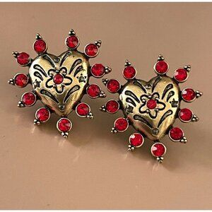 Betsey Johnson Earrings Red Crystal Rhinestone Heart Shaped Gold Tone Post Back